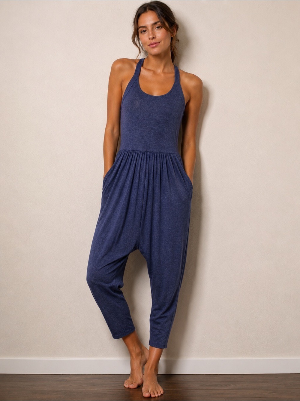 Halara Blue Harem Jumpsuit Halter Drop Crotch Wide Leg Size L
